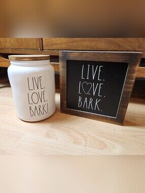 Rae Dunn Ceramic Dog Treat Container And 9" Square Wooden Sign Live Love Bark